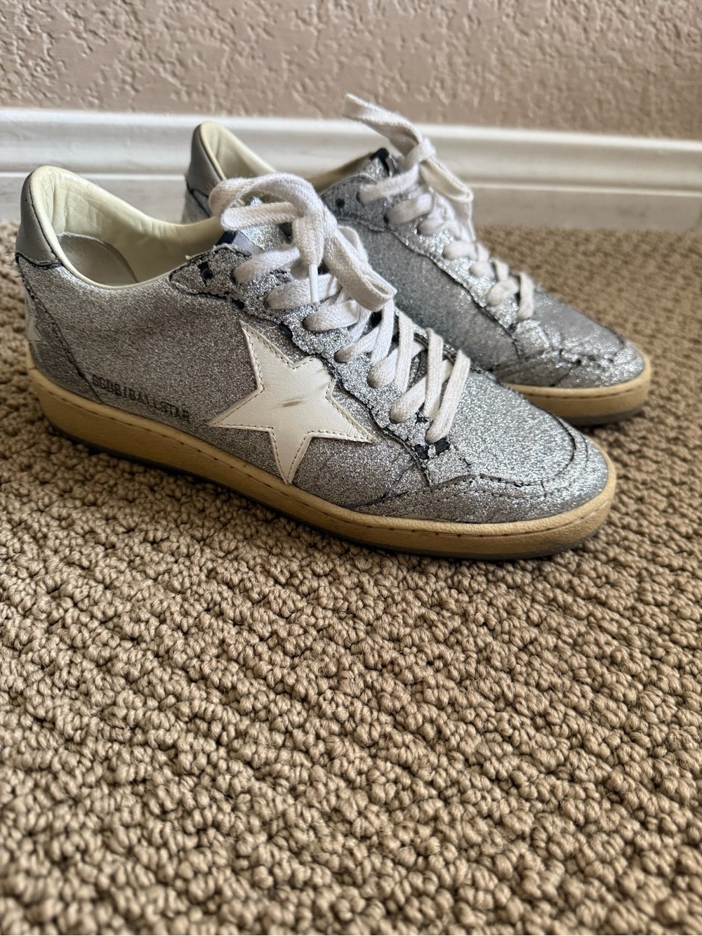 Golden Goose Silver Glitter Ballstar Sneakers with White Star